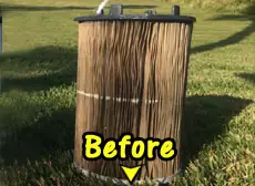 A green cartridge filter before Native Pools of Brevard serviced it