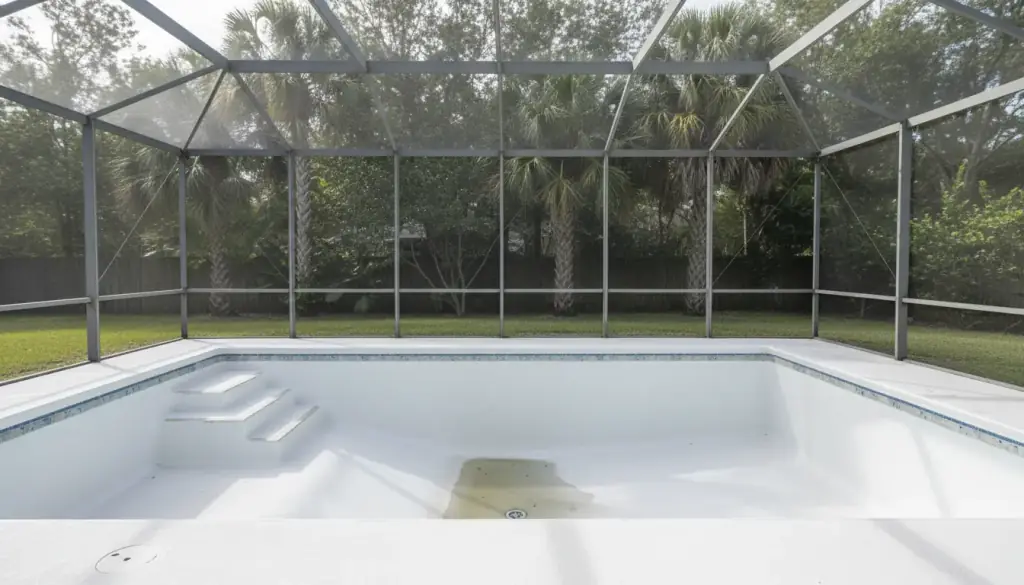 Drained pool with freshly washed white plaster inside a screened enclosure