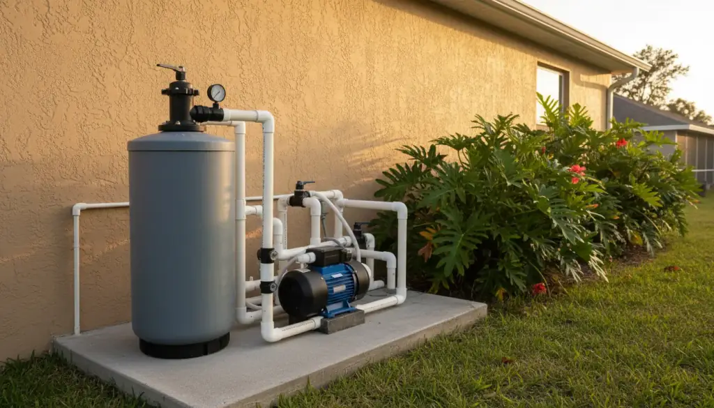 Cartridge filter tank, pool pump and white PVC plumbing on an equipment pad by a stucco wall