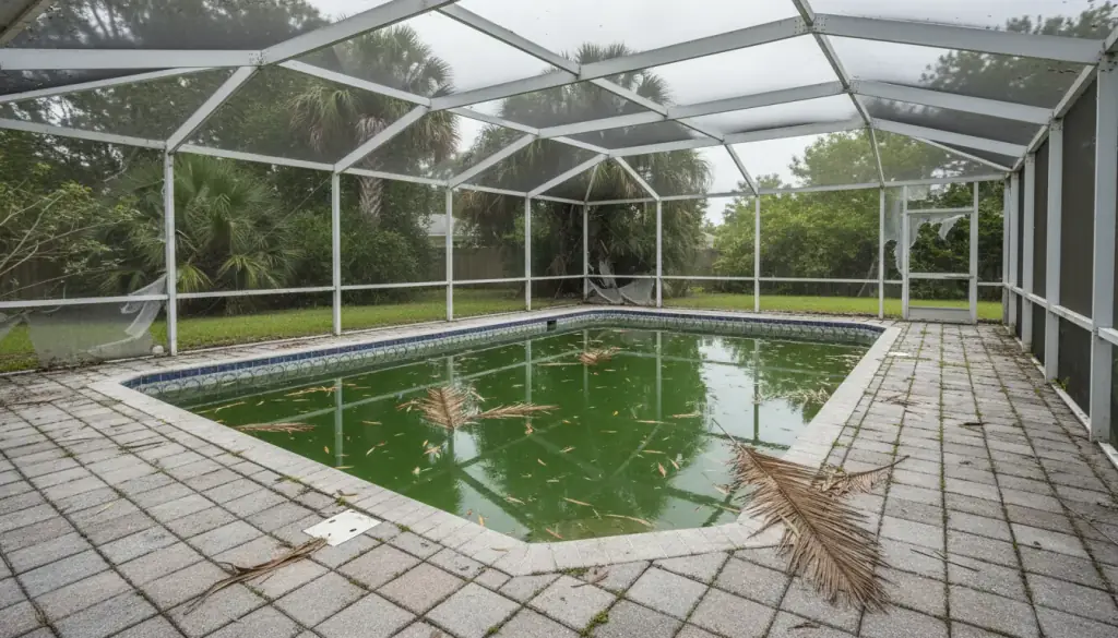 Algae-green pool with palm debris inside a Florida screened pool enclosure