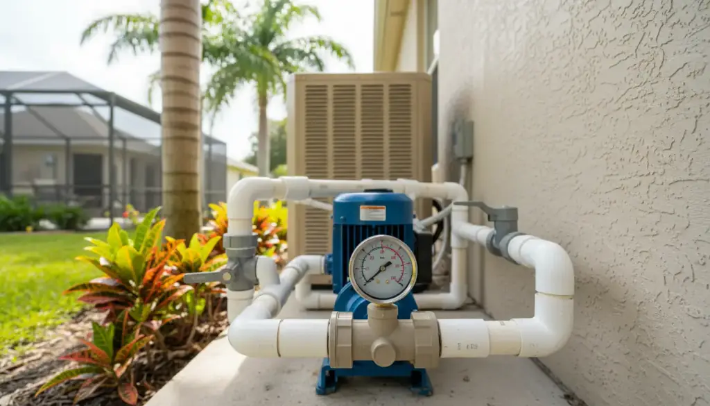 Pool pump, multiport valve pressure gauge and heater cabinet on an equipment pad