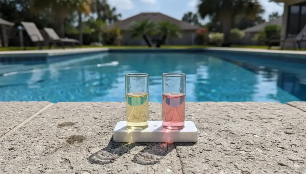 Two test-kit comparator vials of pool water set on stone coping beside a blue pool