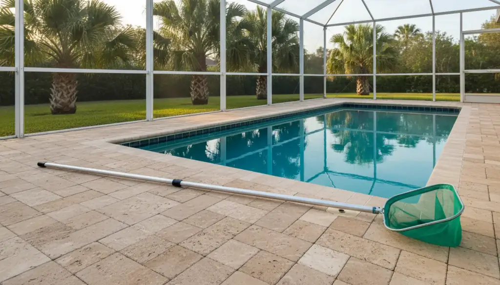 Leaf skimmer pole resting on a travertine deck beside a clear pool inside a screened enclosure